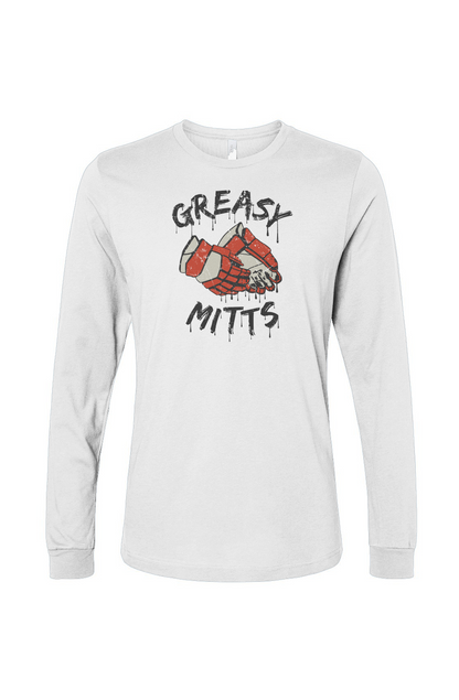The Benchwarmer Greasy Mitts Long Sleeve White | Barn Garb Hockey Threads
