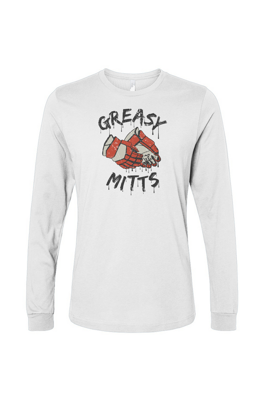 The Benchwarmer Greasy Mitts Long Sleeve White | Barn Garb Hockey Threads
