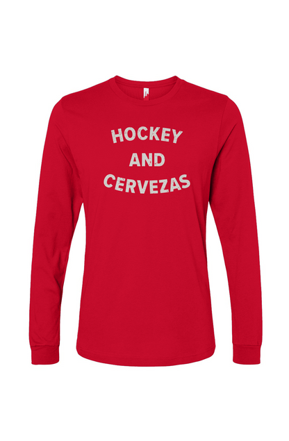 The Benchwarmer Hockey and Cervezas Long Sleeve Red | Barn Garb Hockey Threads