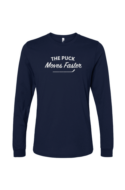 The Benchwarmer Puck Moves Faster Long Sleeve Navy Blue | Barn Garb Hockey Threads