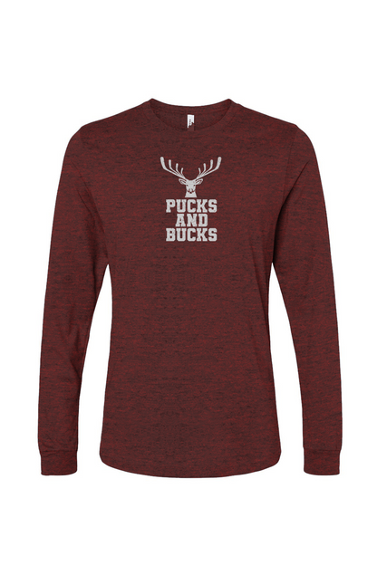 The Benchwarmer Pucks And Bucks Stacked Long Sleeve Heather Cardinal | Barn Garb Hockey Threads