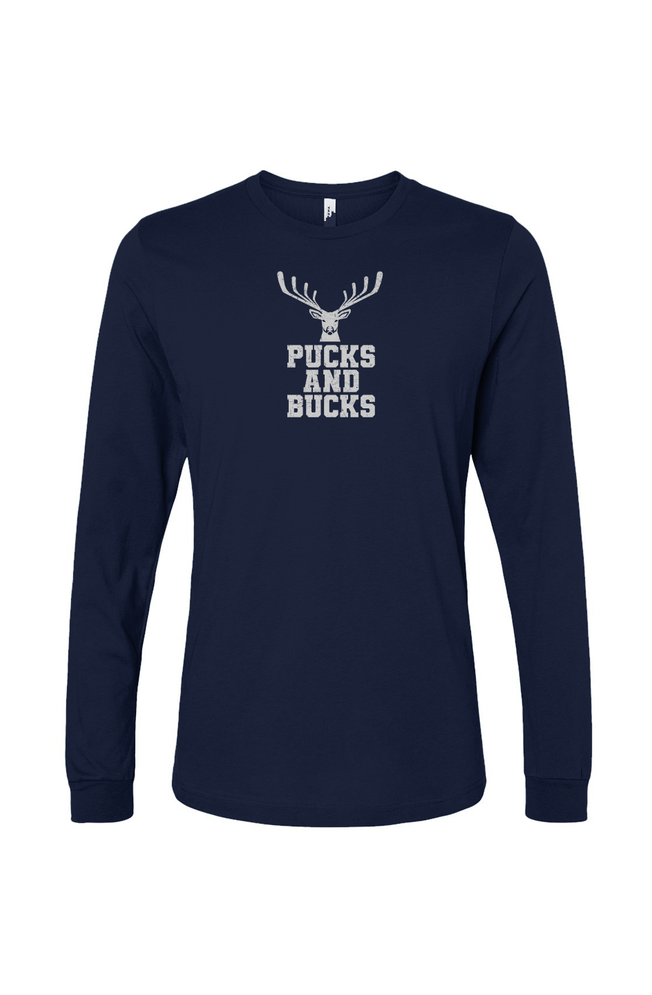 The Benchwarmer Pucks And Bucks Stacked Long Sleeve Navy Blue | Barn Garb Hockey Threads