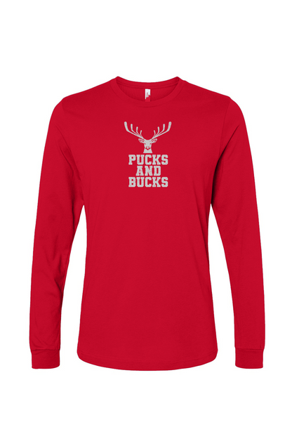 The Benchwarmer Pucks And Bucks Stacked Long Sleeve Red | Barn Garb Hockey Threads