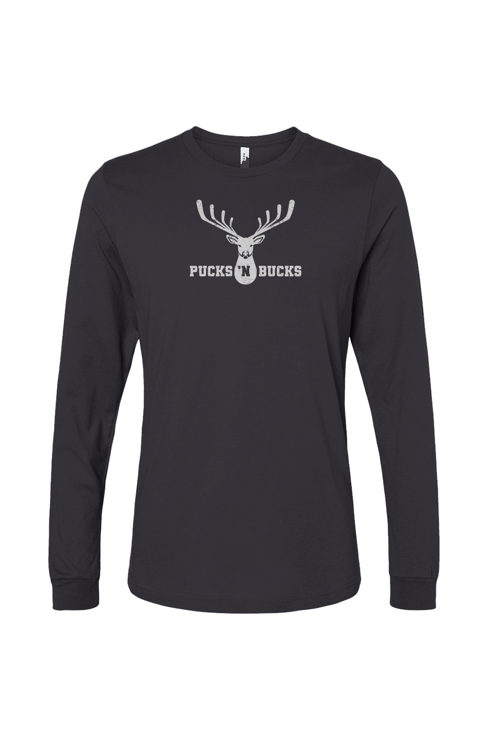 The Benchwarmer Pucks N Bucks Crest Long Sleeve Charcoal | Barn Garb Hockey Threads