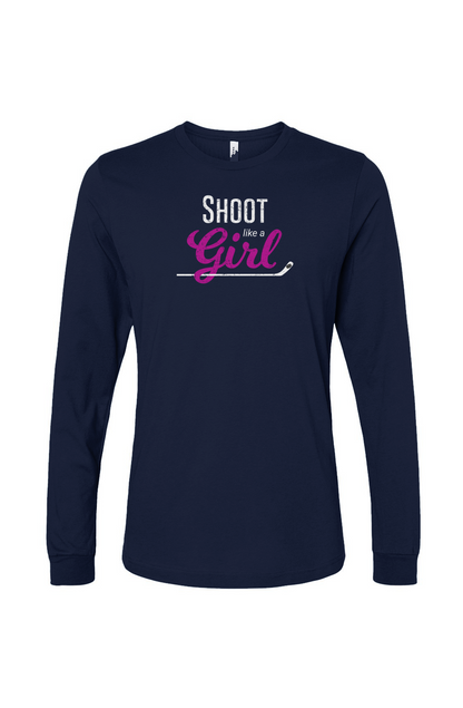 The Benchwarmer Shoot Like A Girl Long Sleeve Navy Blue | Barn Garb Hockey Threads