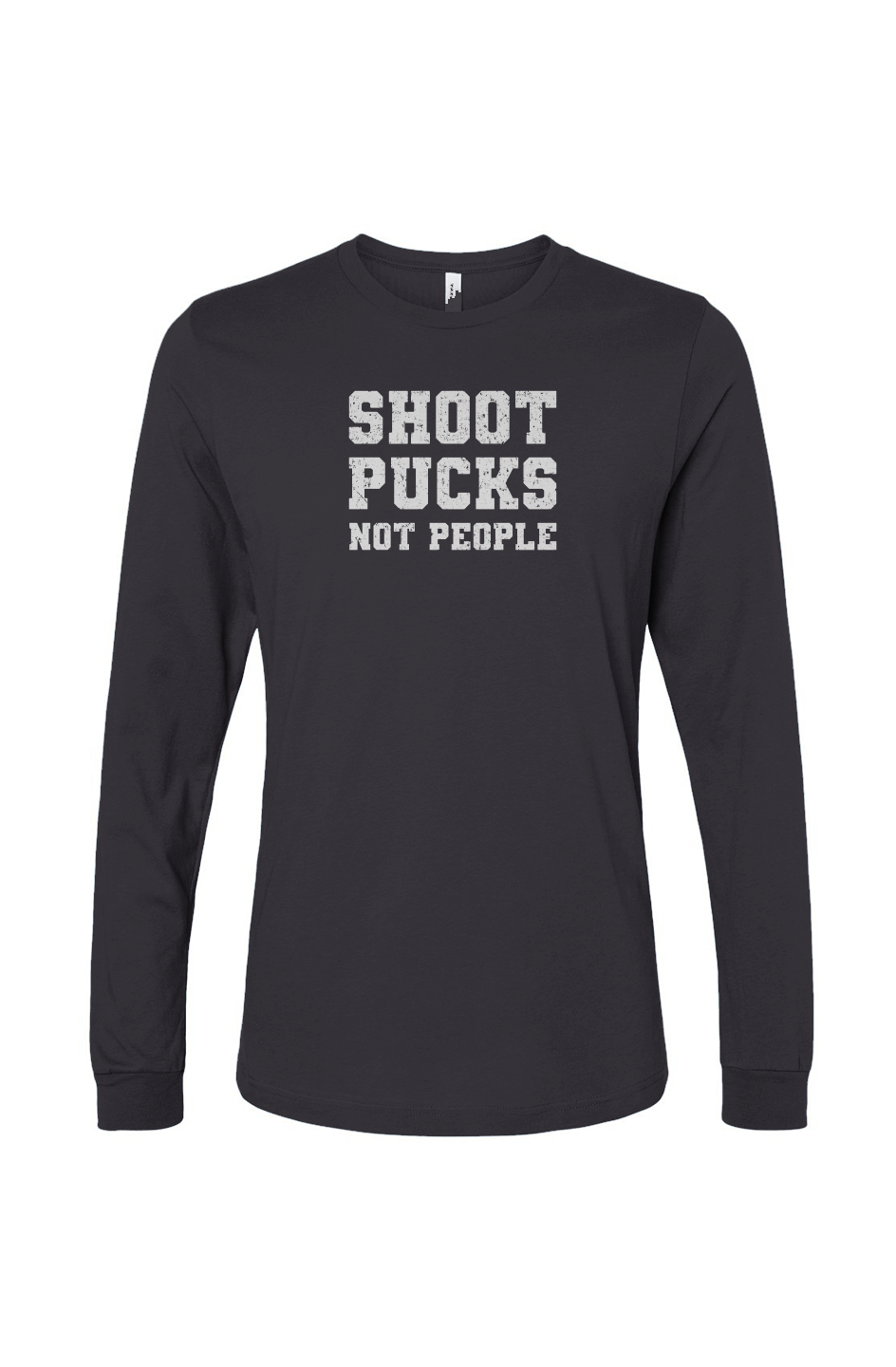 The Benchwarmer Shoot Pucks Not People Long Sleeve Charcoal | Barn Garb Hockey Threads