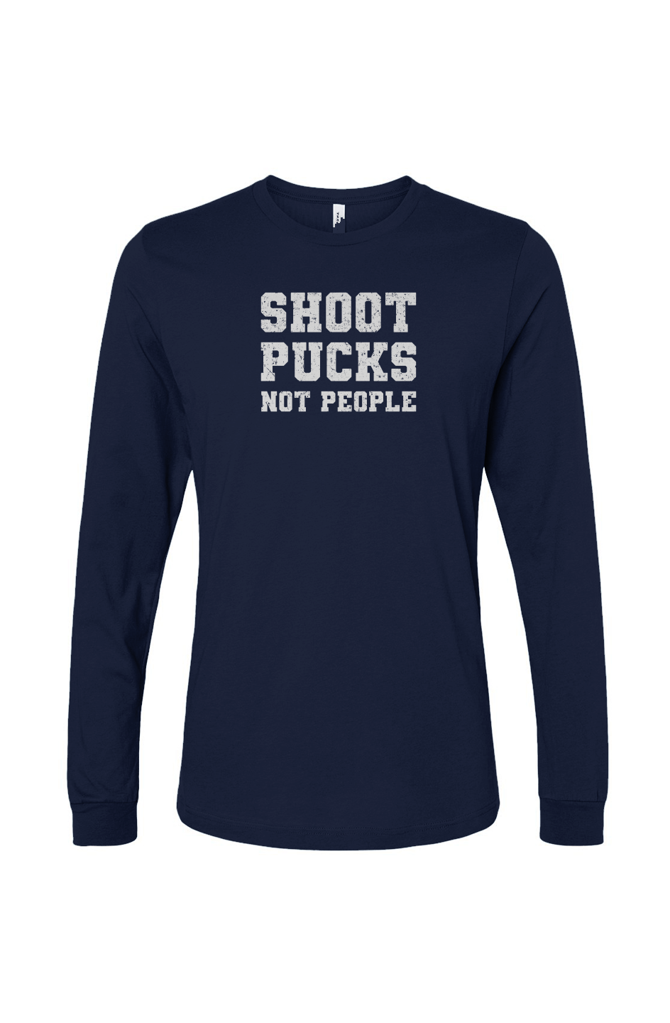 The Benchwarmer Shoot Pucks Not People Long Sleeve Navy Blue | Barn Garb Hockey Threads
