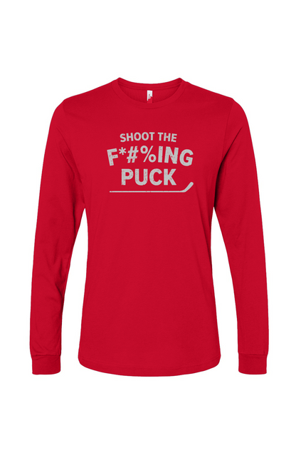 The Benchwarmer Shoot the F*#%ing Puck Long Sleeve Red | Barn Garb Hockey Threads