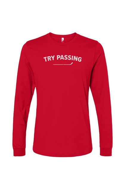 The Benchwarmer Try Passing Long Sleeve Red | Barn Garb Hockey Threads