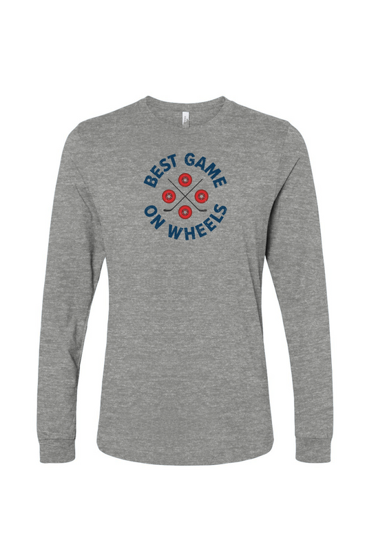 The Benchwarmer Wheels and Sticks Long Sleeve Grey | Barn Garb Hockey Threads