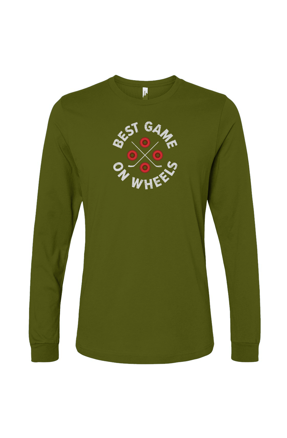 The Benchwarmer Wheels and Sticks Long Sleeve Military Green | Barn Garb Hockey Threads