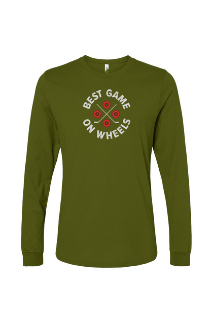 The Benchwarmer Wheels and Sticks Long Sleeve Military Green | Barn Garb Hockey Threads