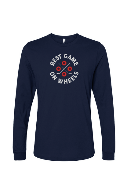 The Benchwarmer Wheels and Sticks Long Sleeve Navy Blue | Barn Garb Hockey Threads